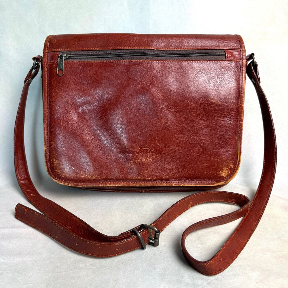 Vintage Nice Fashion Reddish Brown Leather Multi Pocket Organizer Crossbody Bag